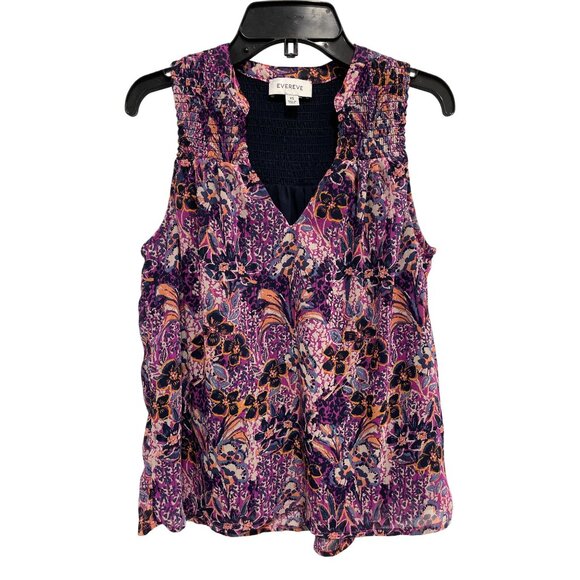 Evereve Blouse Size XS Floral V Neck Sleeveless Smocked Yoke Purple Boho Chic - Picture 3 of 8